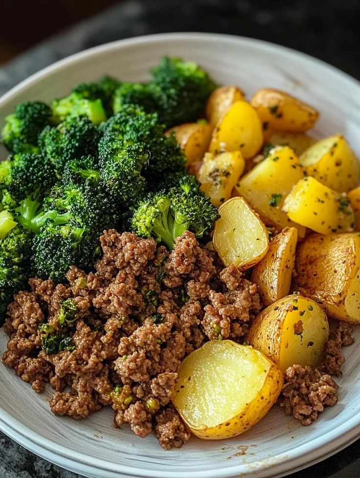 Savory Ground Beef with Herb-Roasted Potatoes &amp; Steamed Broccoli
